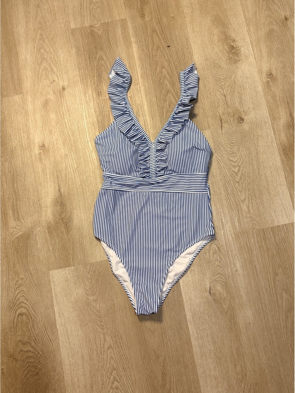 Blooming Jelly Blue & White Pinstripe One Piece Bathing Suit Size Medium Ruffles
